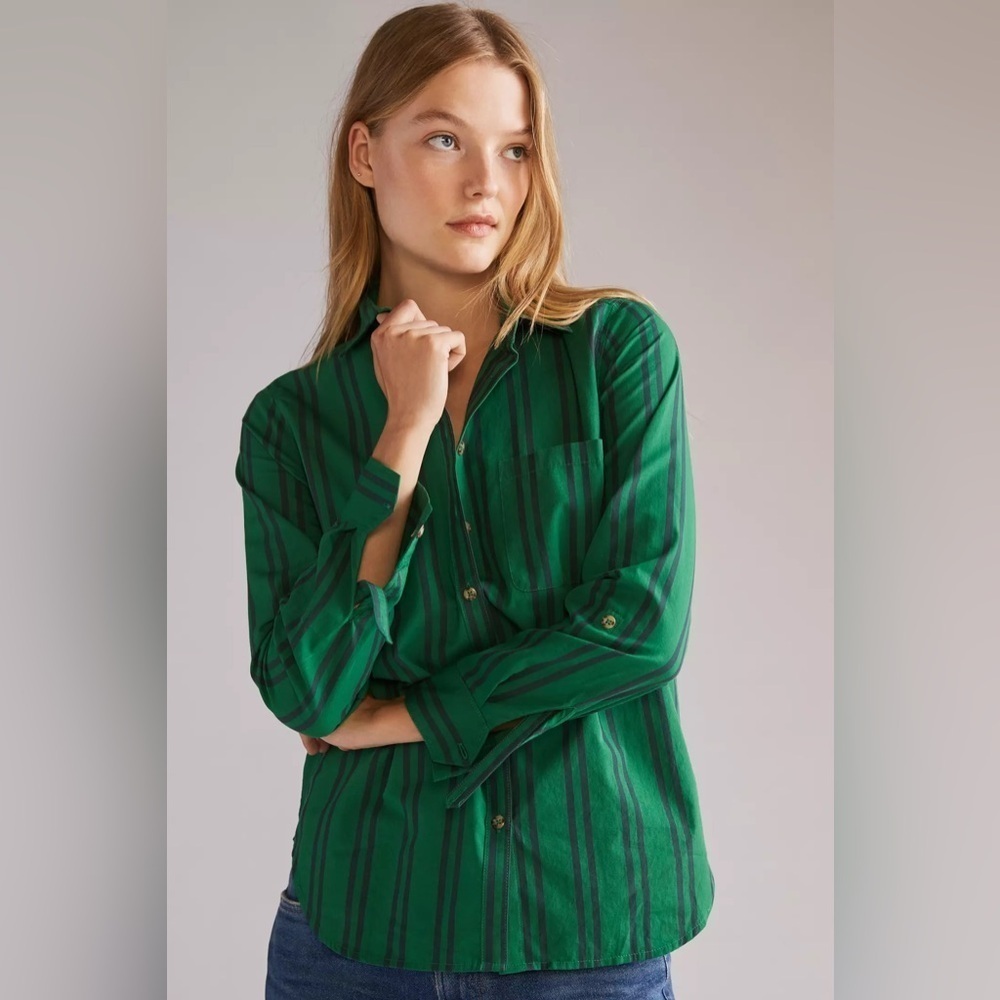 Maeve Anthropologie Green & Navy Striped Button Down, Size 2